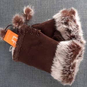 Fingerless Gloves Mittens Handwarmer Brown Fur Fun Warm Winter Fall Chic